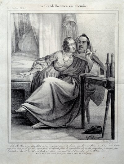 लेस ग्रैंड्स होम्स एन केमिज़ लेखक होनोर डी बाल्ज़ैक (1799-1850) का प्रतिनिधित्व करते हुए एक युवा महिला को सिगरेट पीते हुए। ई. एलेट (19वीं सदी) पेरिस, मैसन बाल्ज़ासी का चित्रण द्वारा अज्ञात कलाकार