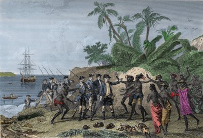 बोगेनविले के लुई एंटोनी (लुई-एंटोनी), फ्रांसीसी नेविगेटर (1729-1811), ताहिती में मार्क्विस के द्वीपों को संबोधित करते हुए, 6 अप्रैल द्वारा अज्ञात कलाकार
