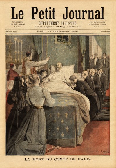 लुई फिलिप डी'ऑरलियन्स (1838-1894) पेरिस की गिनती, उनकी मृत्यु पर, फ्रांस के सिंहासन के लिए ऑरलियनिस्ट का नाटक करते हुए, फिलिप VI के नाम के तहत, वह स्टोवहाउस, बकिंघमशायर (यूनाइटेड किंगडम) के महल में निर्वासन में मृत्यु हो गई। "" ले पेटिट जर्नल द्वारा अज्ञात कलाकार
