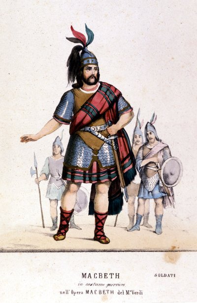 विलियम शेक्सपियर के काम के बाद ग्यूसेप वर्डी (1813 - 1901) द्वारा इसी नाम के ओपेरा में एक योद्धा पोशाक में मैकबेथ का चरित्र। 1847. उत्कीर्णन। द्वारा अज्ञात कलाकार