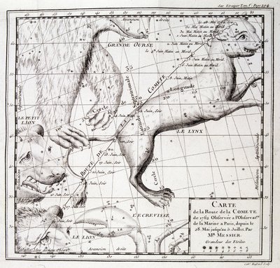 1762 धूमकेतु सड़क का नक्शा और आकाश का नक्शा, मेसियर द्वारा देखा गया - उत्कीर्णन द्वारा अज्ञात कलाकार