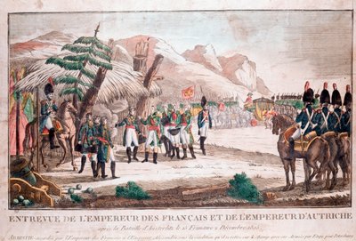 ऑस्टरलिट्ज़ की लड़ाई के बाद दो सम्राटों की बैठक, 4 दिसंबर 1805 (नेपोलियन बोनापार्ट और फ्रांसिस द्वितीय, पवित्र रोमन सम्राट) (उत्कीर्णन) द्वारा अज्ञात कलाकार
