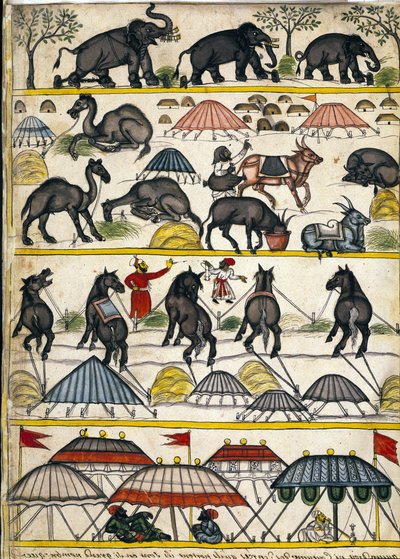 मुगल सैन्य शिविर। स्टेफानो निविबस कार्डेरा द्वारा पांडुलिपि (ms.८३००) "" मोगोल का इतिहास"" (मोगुल या मोघोल) से पृष्ठ। 18 वीं सदी। बिब्लोटेका मार्सियाना, वेनिस द्वारा अज्ञात कलाकार