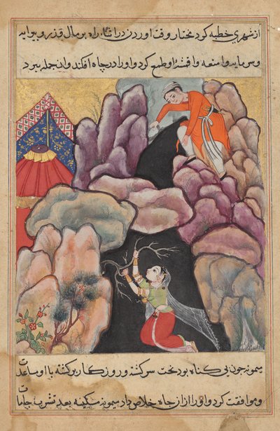 मुख्तार अपनी पत्नी मैमुना को गड्ढे में फेंक देता है, लेकिन वह तूती-नामा (तोते की कहानियाँ) से खुद को बचा लेती है: पच्चीसवीं रात द्वारा अज्ञात कलाकार