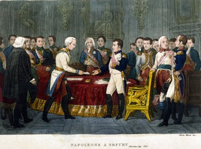 नेपोलियन प्रथम (1769 - 1821) 1808 में एरफर्ट में सिकंदर प्रथम से मिला। द्वारा अज्ञात कलाकार