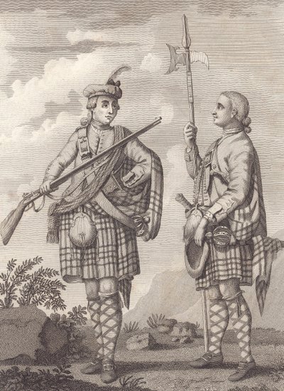 अधिकारी (बाएं) और 42वें हाइलैंडर्स के हवलदार- ब्लैक वॉच- c.1750 (उत्कीर्णन) द्वारा अज्ञात कलाकार