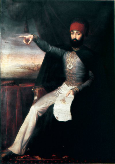 तुर्क साम्राज्य: सुल्तान महमूद II (1784-1839) का चित्र"" यह प्रतिनिधि है जो अपनी उंगली की ओर इशारा करते हुए जनिसरियों के आदेश को वध करने के आदेश का संकेत दे सकता है। अनाम तेल चित्रकला। 1808-1839 इस्तांबुल, टोपकापी सराय संग्रहालय, तुर्की द्वारा अज्ञात कलाकार