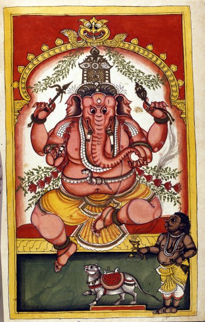 व्यापारियों, यात्रियों और चोरों के संरक्षक, हिंदू देवता गणेश (गणेश या गणपति) को दर्शाने वाला पृष्ठ। स्टीफानो निविबस कार्डेरा द्वारा पांडुलिपि (ms.८३००) "" मोगोल का इतिहास"" (मोगुल या मोघोल) से लिया गया पृष्ठ। 18 वीं सदी। बिब्लोटेका मार् द्वारा अज्ञात कलाकार