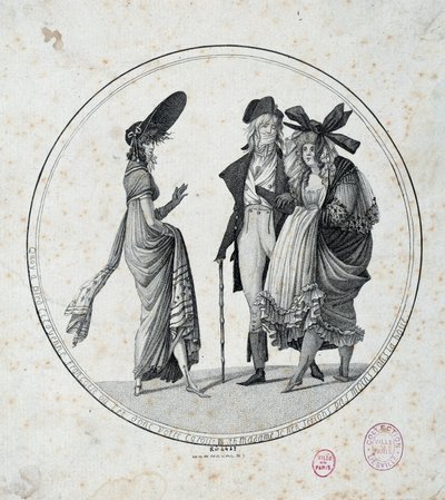 पेरिसियन फैशन: ""अद्भुत और अद्भुत"" 1795 पेरिस से उत्कीर्णन, मुसी कार्नावलेट द्वारा अज्ञात कलाकार