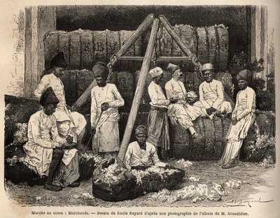 बॉम्बे कॉटन मार्केट में पारसी डीलर और व्यापारी। 1862-1864 में अल्फ्रेड ग्रैंडिडियर द्वारा भारत के मेरिडियन प्रांतों में यात्रा को चित्रित करने के लिए उत्कीर्णन, "ले टूर डू मोंडे"" 1869 में प्रकाशित, एडौर्ड चार्टन द्वारा संपादित, संस्करण हैचे द्वारा अज्ञात कलाकार