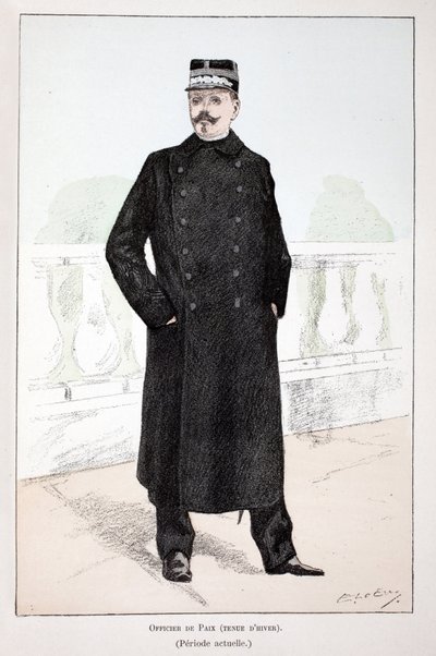 शांति अधिकारी, शीतकालीन पोशाक (लेपिन काल)। अल्फ्रेड रे (1864-?) और लू द्वारा लुई लेपिन (1846-1933) प्रीफेक्ट ऑफ द सीन ऑफ द सीन के तत्वावधान में प्रकाशित पुस्तक "हिस्ट्री ऑफ द कॉर्प्स ऑफ पीसकीपर्स" के चित्रण के लिए रंगों में नक़्क़ाशी द्वारा अज्ञात कलाकार