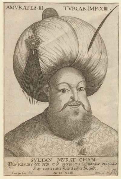 पोर्ट्रेट डी मौराद III (1546-1595), सुल्तान ओटोमन - मुराद III (1546-1595), तुर्क साम्राज्य के सुल्तान - बेनामी - 1593 - नक़्क़ाशी - 18,5x12,3 - निजी संग्रह द्वारा अज्ञात कलाकार
