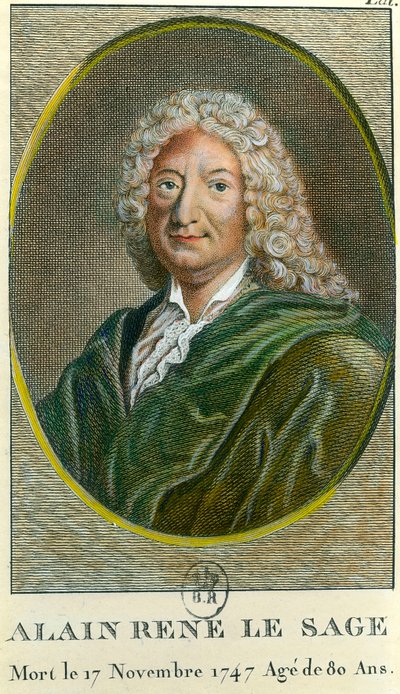 एलेन रेने लेसेज (एलेन-रेने ले सेज) का पोर्ट्रेट (1668-1747) फ्रांसीसी लेखक। 18 वीं शताब्दी की नक्काशी। निजि संग्रह द्वारा अज्ञात कलाकार