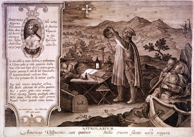 अमेरिगो वेस्पुची (1454 - 1512) का पोर्ट्रेट, इतालवी नेविगेटर, एक एस्ट्रोलैब का उपयोग करते हुए दर्शाया गया है। बाईं ओर एक बॉक्स में दांते अलीघिएरी का एक चित्र है और साथ ही दिव्य कॉमेडी के पुर्गेटरी के पहले गीत का एक अंश है। 18वीं सदी की नक्काशी द्वारा अज्ञात कलाकार