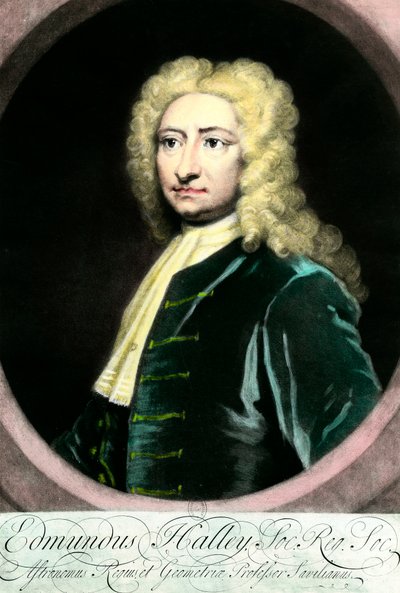 एडमंड (एडमंड) हैली (1656-1742), ब्रिटिश खगोलशास्त्री का पोर्ट्रेट"" 18वीं सदी के संग्रह पार्टिकुलियर का उत्कीर्णन द्वारा अज्ञात कलाकार