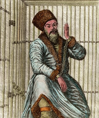 एमेलियन इवानोविच पुगाचेव (येमेलियन या एमिलियन पुगाचेव) (1742-1775) का पोर्ट्रेट, 1773-1775 के रूसी किसानों के युद्ध के दौरान कोसैक नेता (याक कोसैक्स का जैकी), अपने पिंजरे में कैद और लोगों को दिखाता है द्वारा अज्ञात कलाकार