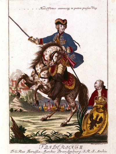 प्रशिया के फ़्रेडरिक द्वितीय का पोर्ट्रेट (1712-1786) जिसे फ़्रेडरिक द ग्रेट के नाम से जाना जाता है। 18 वीं शताब्दी की नक्काशी। . द्वारा अज्ञात कलाकार
