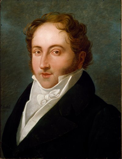Gioachino (Gioacchino) Rossini (1792-1868) का पोर्ट्रेट, इतालवी संगीतकार बेनामी पेंटिंग। 1818 बोलोग्ना, सिविक म्यूजिकल बिब्लियोग्राफिक म्यूजियम - जिओआचिनो रॉसिनी का पोर्ट्रेट (1792-1868), इतालवी संगीतकार। बेनामी पेंटिंग १८१८। सिविको म्यूजियो बिब्लियोग्राफी द्वारा अज्ञात कलाकार