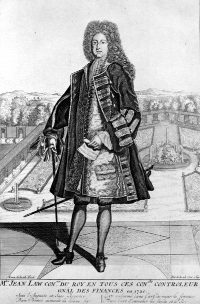 जॉन लॉ का पोर्ट्रेट (1671 - 1729) पैदल, स्कॉटिश फाइनेंशियल जिसने 1720 में दिवालियेपन का कारण बना (क्विनकैम्पोक्स स्ट्रीट की घटना) द्वारा अज्ञात कलाकार