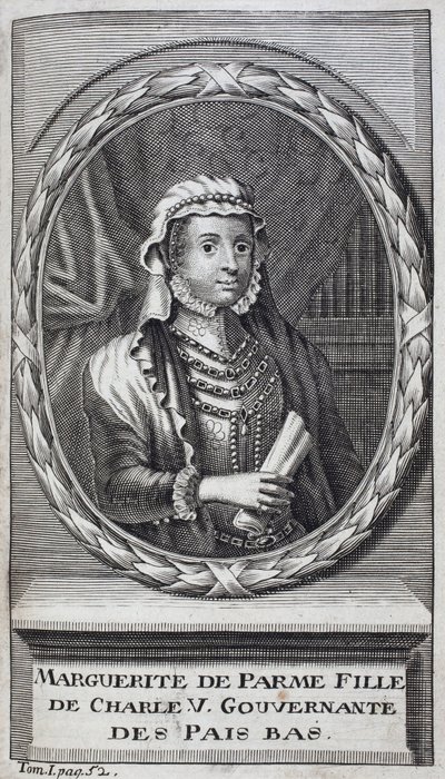 पर्मा (या ऑस्ट्रिया की मार्गरीटा) (1522-1586), डचेस ऑफ पर्मा और पियासेंज़ा, चार्ल्स वी (1500-1558) की प्राकृतिक बेटी और नीदरलैंड्स (नीदरलैंड्स) की 1559-1581 तक की गवर्नेस का पोर्ट्रेट। "फ्लै के युद्ध का इतिहास" को चित्रित करने के लिए उत्कीर्णन द्वारा अज्ञात कलाकार