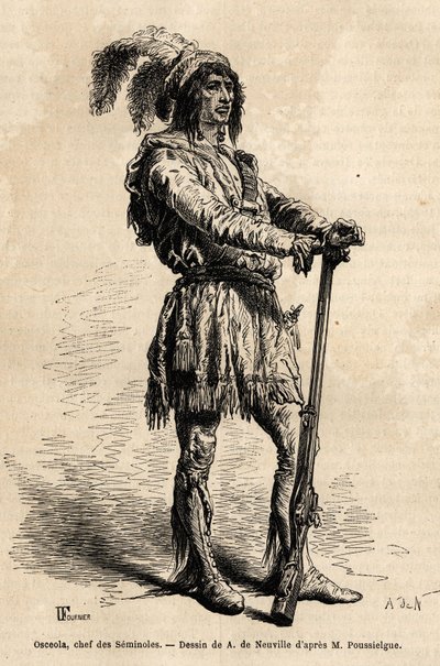 फ्लोरिडा युद्ध (1835-1842) के दौरान संयुक्त राज्य अमेरिका के खिलाफ भारतीय प्रतिरोध के प्रमुख, सेमिनोल के नेता ओस्सिओला का पोर्ट्रेट (1804-1838)। 1851-1852 में एचीले पॉसेलग्यू द्वारा फ्लोरिडा में चार महीने की कहानी को चित्रित करने के लिए उत्कीर्णन, प्रकाशित द्वारा अज्ञात कलाकार