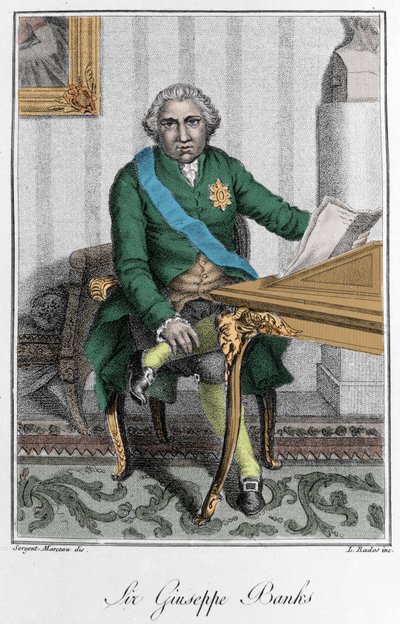 सर जोसेफ बैंकों का पोर्ट्रेट (1743-1820), अंग्रेजी खोजकर्ता और प्रकृतिवादी। रंग उत्कीर्णन द्वारा अज्ञात कलाकार