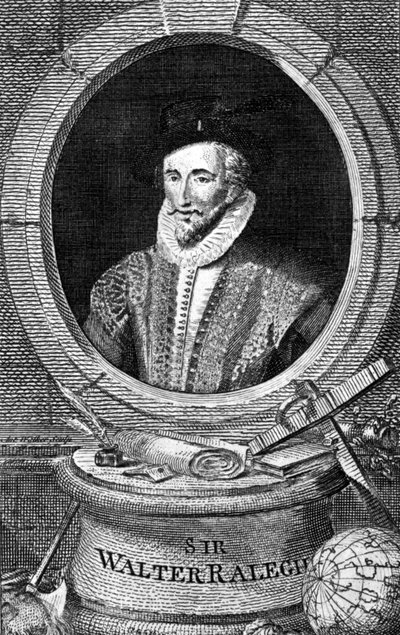 सर वाल्टर रैले (1554 - 1618) का पोर्ट्रेट, अंग्रेजी दरबारी नाविक और लेखक। 18 वीं शताब्दी की नक्काशी। द्वारा अज्ञात कलाकार