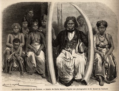 अपनी पत्नियों के चारों ओर एक अफ्रीकी हाथी दांत के निगोशिएट का पोर्ट्रेट। डॉक्टर ग्रिफॉन डू बेले की 1861-64 में गैबॉन की यात्रा का वर्णन करने के लिए एमिल बायर्ड (1837-1891) द्वारा चित्रण। एडौर्ड चार्टन द्वारा संपादित "" ले टूर डू मोंडे "" द्वारा अज्ञात कलाकार
