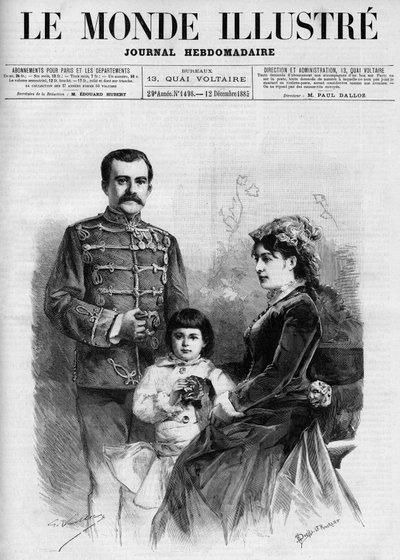 सर्बिया के राजा मिलान I (मिलान ओब्रेनोविच) (1854-1901) का पोर्ट्रेट, यह "द इलस्ट्रस वर्ल्ड 1885" में रानी नथाली और सिंहासन के राजकुमार अलेक्जेंडर के उत्तराधिकारी से घिरा हुआ है। द्वारा अज्ञात कलाकार