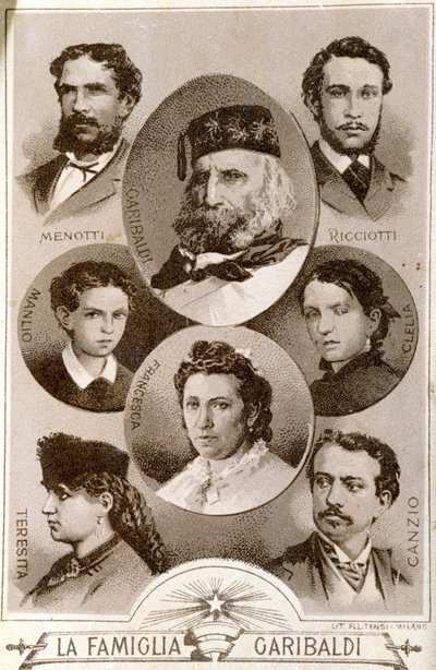 रिसोर्गिमेंटो ग्यूसेप गैरीबाल्डी (1807-1882) के देशभक्त और नायकों का पोर्ट्रेट और उनके परिवार के सदस्य: अनीता के बेटे मेनोटी, रिकसिओटी और टेरेसिता; टेरेसा की पत्नी स्टेफानो कैनजियो; फ्रांसेस्का आर्मोसिनो, की तीसरी पत्नी और उनके बच्चे अंजीर क्लेले द्वारा अज्ञात कलाकार