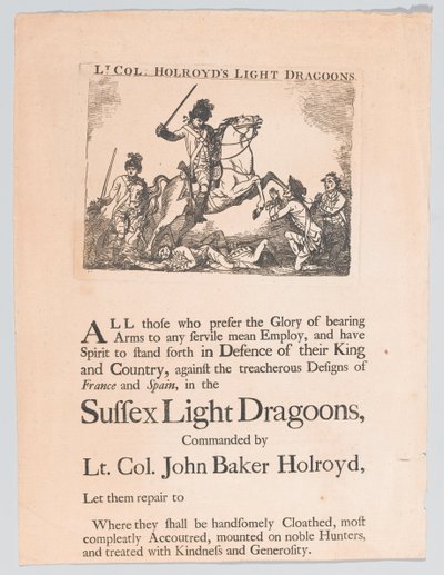 लेफ्टिनेंट-कर्नल होरॉयड के लिए पोस्टर की भर्ती लाइट ड्रेगन्स, 1780 लगभग द्वारा अज्ञात कलाकार