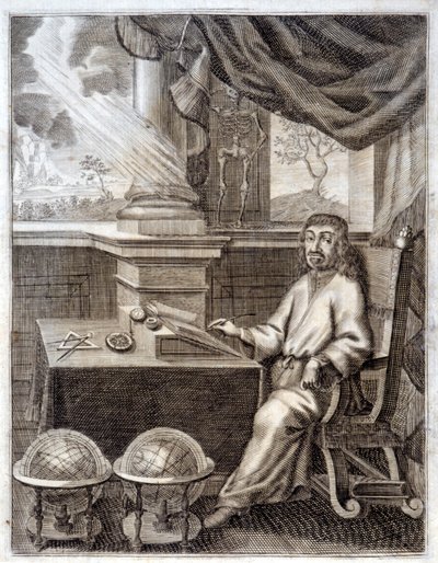 रेने डेसकार्टेस (1596 - 1650) अपने कार्यालय में वैज्ञानिक उपकरणों के साथ। 17 वीं शताब्दी की नक्काशी। द्वारा अज्ञात कलाकार