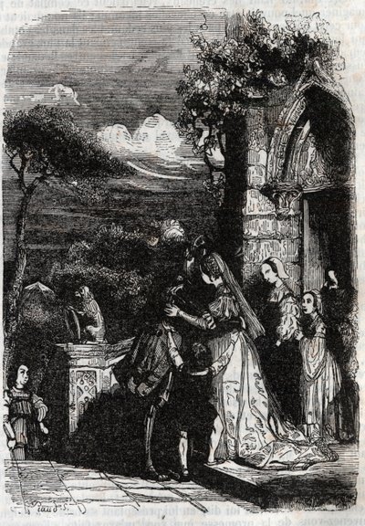 रेनॉड अपने परिवार में लौट रहा है - "उग्र रोलाण्ड" से 1851 का उत्कीर्णन द्वारा अज्ञात कलाकार