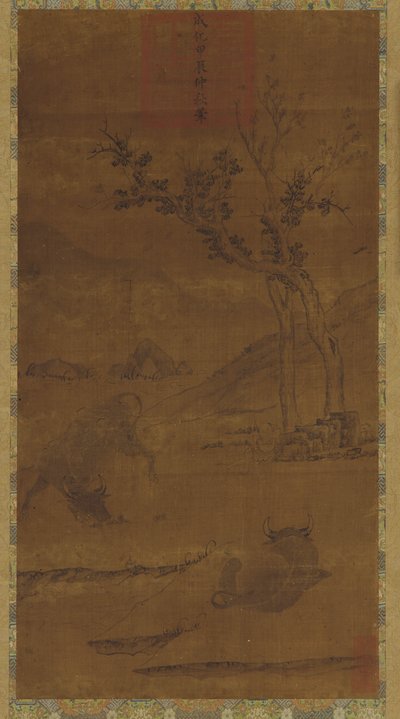 नदी परिदृश्य: दो जल भैंसें और एक झपकी लेने वाला झुंड-लड़का द्वारा अज्ञात कलाकार