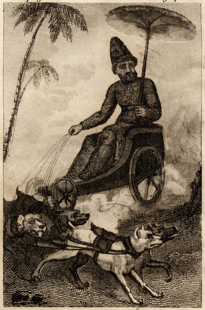 रॉबिन्सन Crusoe छह कुत्तों द्वारा अपने रथ प्रशिक्षु पर, "Les aventures de Robinson Crusoe" में डैनियल डेफो द्वारा उकेरा गया द्वारा अज्ञात कलाकार