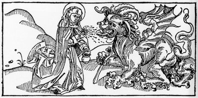 सेंट मार्था और तारस्क - वोरागिन (1228-1298) के जैकोबस (जेम्स) द्वारा "लेबेन डेर हेइलिगेन - सोमेरटेइल" (संत की पुस्तक) से उत्कीर्णन। लुबेक 1488. द्वारा अज्ञात कलाकार