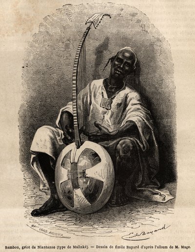 साम्बो, नियांतांसो (माली) का ग्रिट (मालिंक प्रकार: पश्चिम अफ्रीकी भाषा (गिनी, सेनेगल, माली और कोटे डी आइवर), कवि, संगीतकार, इतिहासकार और कहानीकार, ग्रिट लोगों की सामूहिक स्मृति का भंडार है। उत्कीर्णन कहानी का वर्णन करने के लिए द्वारा अज्ञात कलाकार