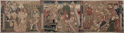 कशीदाकारी फ्रिज़ का खंड: क्षयर्ष और एस्तेर, पोप सम्राट को डांट रहा है, हेनरी अष्टम पोप की गर्दन पर पैर रख रहा है द्वारा अज्ञात कलाकार