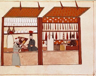 कॉन्स्टेंटिनोपल की गलियों में दुकानें। 17वीं शताब्दी (1671) के मूल के बाद 19वीं शताब्दी की सिकोगना पांडुलिपि (1828) से लिया गया लघुचित्र। वेनिस, बिब्लियोटेका मार्सियाना द्वारा अज्ञात कलाकार