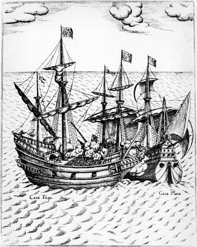 सर फ्रांसिस ड्रेक का "गोल्डन हिंद" (1540-1596) स्पेनिश जहाज "नुएस्ट्रा सेनोरा डी कॉन्सेप्शन" पर कब्जा कर रहा है, जिसे इक्वाडोर से 1579 में "कैकाफ्यूगो" के नाम से जाना जाता है। 16वीं शताब्दी का उत्कीर्णन। द्वारा अज्ञात कलाकार