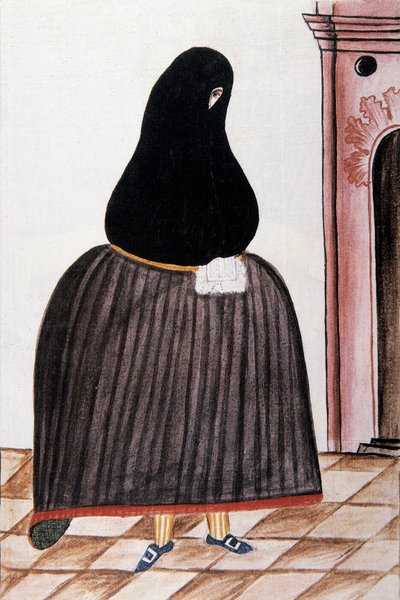 ट्रुजिलो के बिशप (1782-1785) बाल्टाजार मार्टिनेज कॉम्पैनोन वाई बुजांडा द्वारा "ट्रूजिलो डेल पेरू" या "कोडिस मार्टिनेज कॉम्पैनोन" से अपने चेहरे को ढंकने वाली एक स्पेनिश महिला द्वारा अज्ञात कलाकार