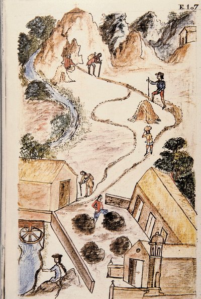 ट्रुजिलो के बिशप (1782-1785) बाल्टाज़ार मार्टिनेज कॉम्पैनोन वाई बुजांडा द्वारा "ट्रूजिलो डेल पेरू" या "कोडिस मार्टिनेज कॉम्पैनोन" पुस्तक से, खानों से भार तक धातु के उत्पादन के चरण द्वारा अज्ञात कलाकार
