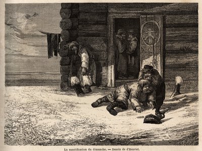 रविवार पवित्रीकरण में जीरा शराब, दोरपत कार्यकर्ता हैं। 1851-54 में रूसी बाल्टिक प्रांतों की अपनी यात्रा को चित्रित करने के लिए हेनरीट द्वारा चित्रण। एडौर्ड चार्टन द्वारा संपादित "" ले टूर डू मोंडे "" में उत्कीर्णन द्वारा अज्ञात कलाकार