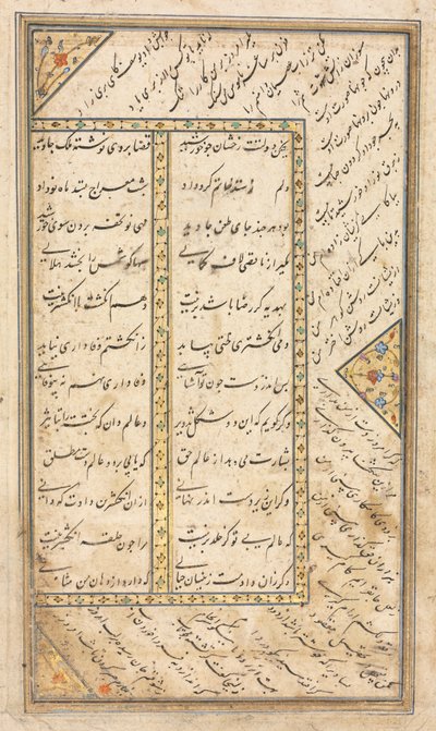 पाठ पृष्ठ, फ़ारसी छंद (वर्सो) एक संकलन में जिसमें जामी के हफ़्त अवरंग (सात सिंहासन) से कुछ छंद शामिल हैं; पाँचवाँ सिंहासन यूसुफ़ और ज़ुलैख़ा द्वारा अज्ञात कलाकार