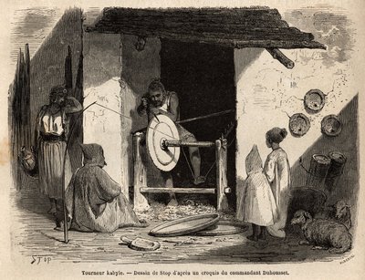 कारीगर टर्नर कबाइल अपनी कार्यशाला में काबिलिया (अल्जीरिया) में लकड़ी का एक विशाल फ्लैट बनाता है जिसका उपयोग घरेलू और कृषि सभी उद्देश्यों के लिए किया जाता है। 186 में भूमध्यसागरीय और जुजुरा के बीच महान काबिली के भ्रमण को चित्रित करने के लिए उत्कीर्णन द्वारा अज्ञात कलाकार
