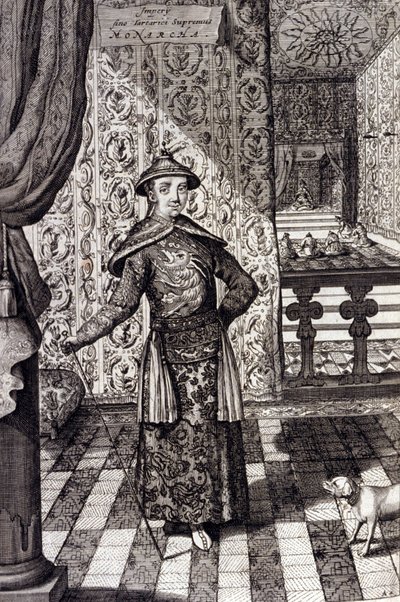 चीनी सम्राट और टार्टर्स के सर्वोच्च शासक - चीनी सम्राट कांग्शी (1652-1722) किंग राजवंश, अथानासियस किरचर (1601-1680) द्वारा "" चाइना मॉन्यूमेंटिस, क्वा सैक्रिस क्वा प्रोफेनिस"" से उत्कीर्णन 1667 - चीनी सम्राट कांग्शी (1652) -1722) किंग र द्वारा अज्ञात कलाकार