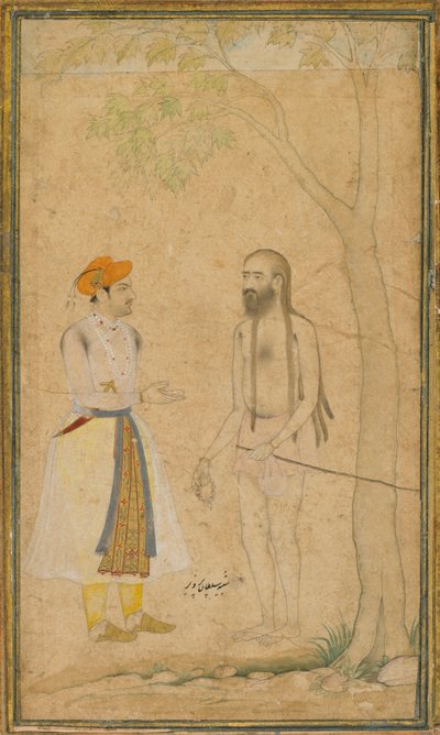 मुग़ल राजकुमार परवेज़ और एक पवित्र व्यक्ति द्वारा अज्ञात कलाकार