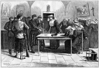 1871 में पेरिस कम्यून। रुए डे सेवरेस पर स्थित नन (गरीबों की छोटी बहनें) के कब्जे वाले घर के संघों (कम्युनर्ड्स) द्वारा खोजें। संघियों ने, भिक्षुणियों के समुदाय से धन की खोज के बाद, धन को वापस बक्से में डाल दिया और वापस आ गया द्वारा अज्ञात कलाकार