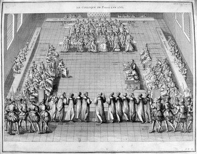 1561 में पोइसी कोलोक्विम (पोइसी)। केंद्र में फ्रांस के राजा चार्ल्स IX (1550-1574) और क्वीन मदर कैथरीन डे मेडिसिस (कैटरिना डे मेडिसी) (1519-1589)। द्वारा अज्ञात कलाकार