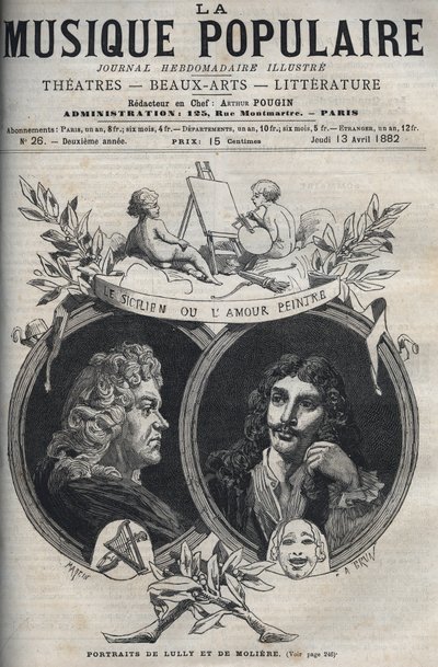 सिसिलियन या लव पेंटर - जीन बैप्टिस्ट लुली (जियोवन्नी बतिस्ता लुल्ली) (1632-1687) और मोलिरे का पोर्ट्रेट - "" लोकप्रिय संगीत "" में उत्कीर्णन सचित्र साप्ताहिक समाचार पत्र - 1882 द्वारा अज्ञात कलाकार
